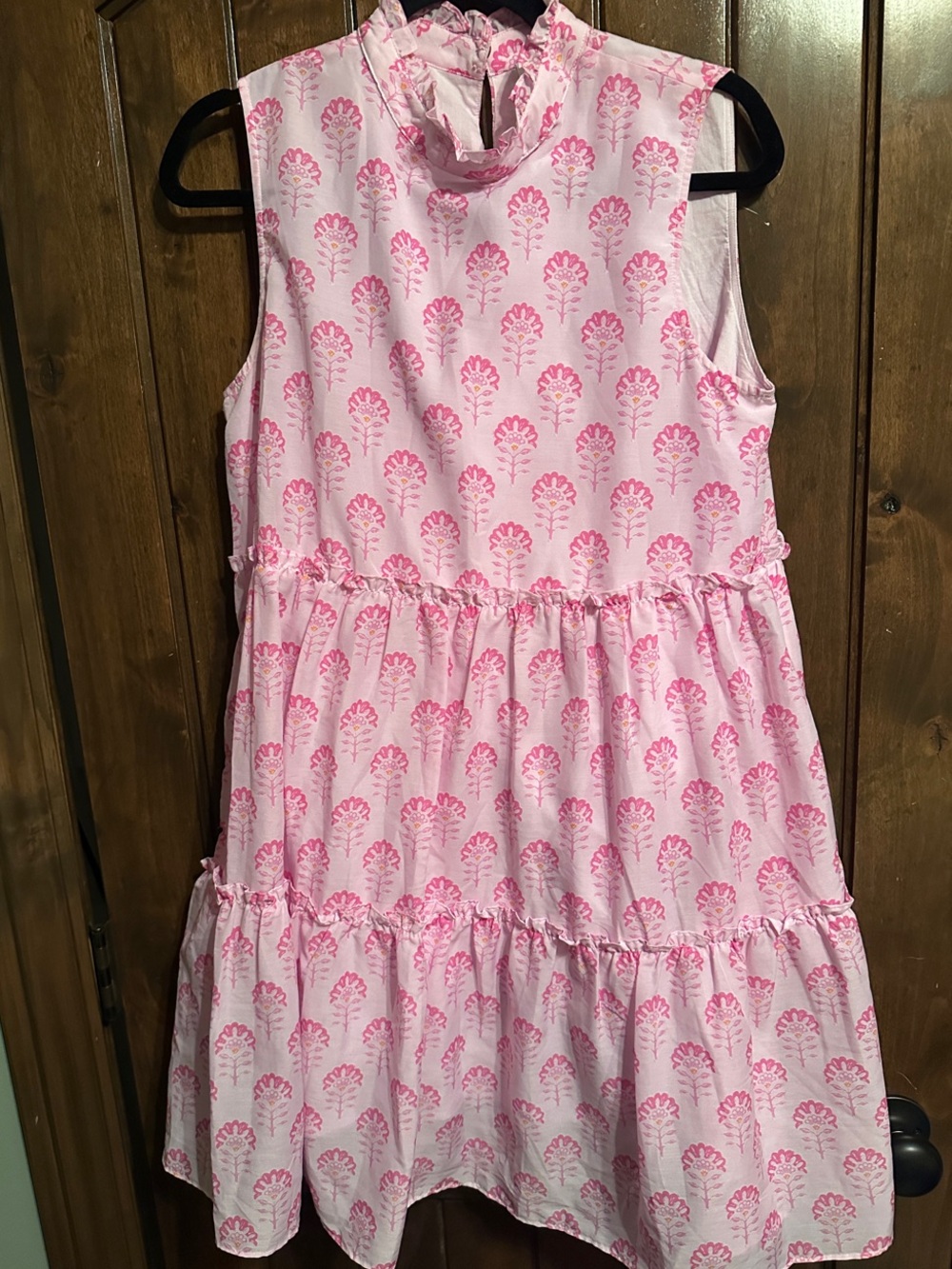 Sleeveless Pink Printed Tiered Mini Dress with Ruffle Neck